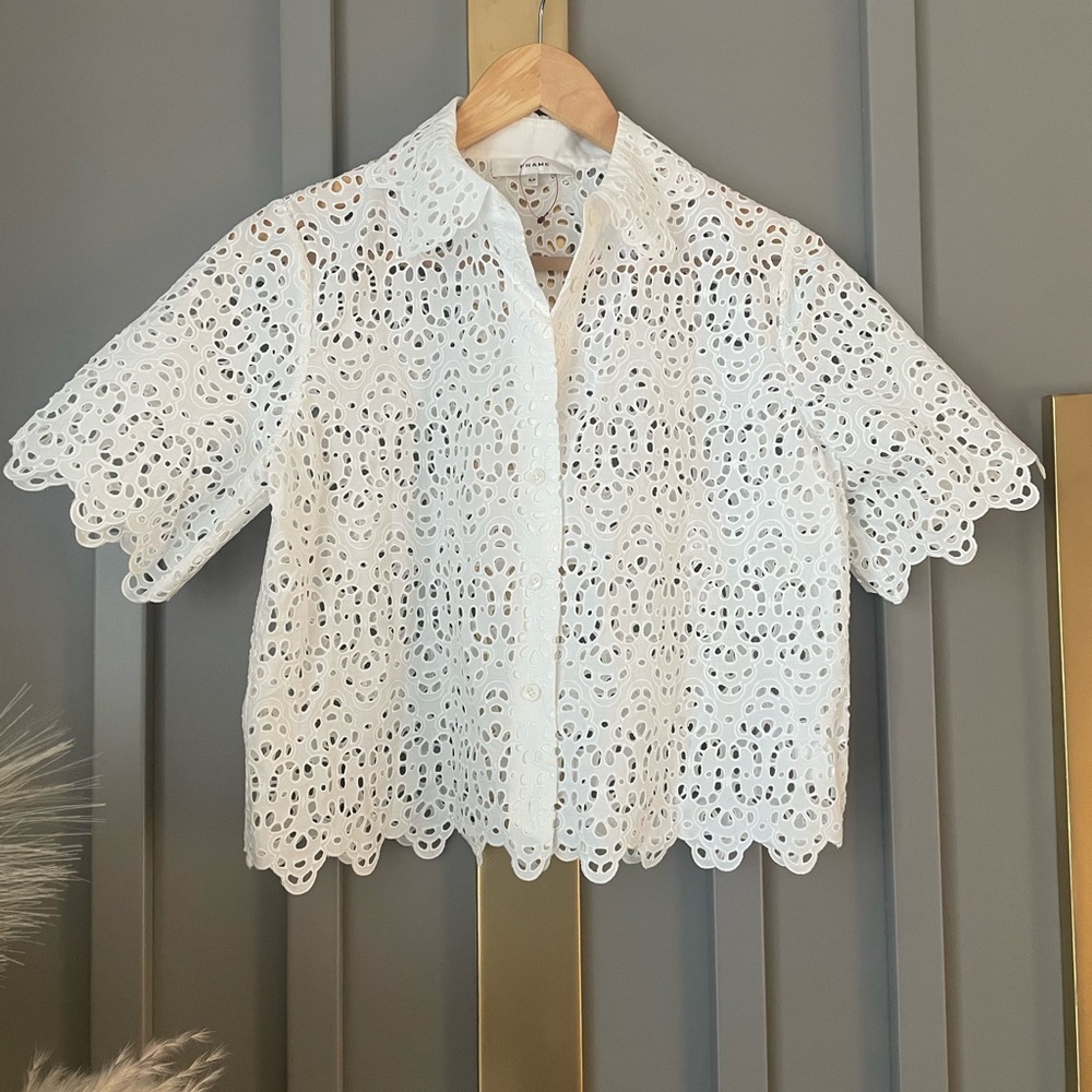 FRAME Eyelet Lace Short-Sleeve Button-Up Blouse – White, Size S NWOT